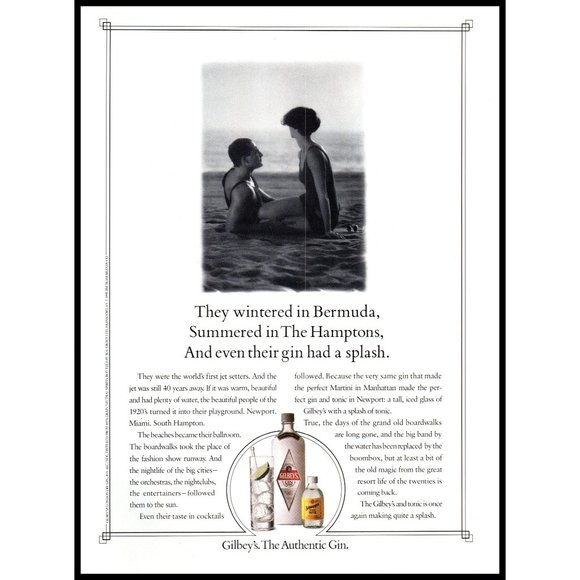 1991 Gilbey's Gin Vintage Print Ad Retro Bathing Suits Bermuda Hamptons Wall Art - Picture 1 of 1